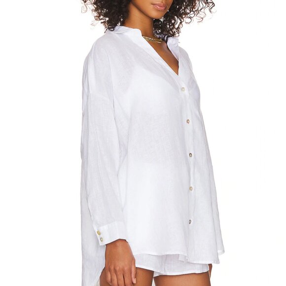 NEW LSPACE Rio Tunic Button Down Shirt Blouse White Linen Cotton L Space Swim - Picture 3 of 4